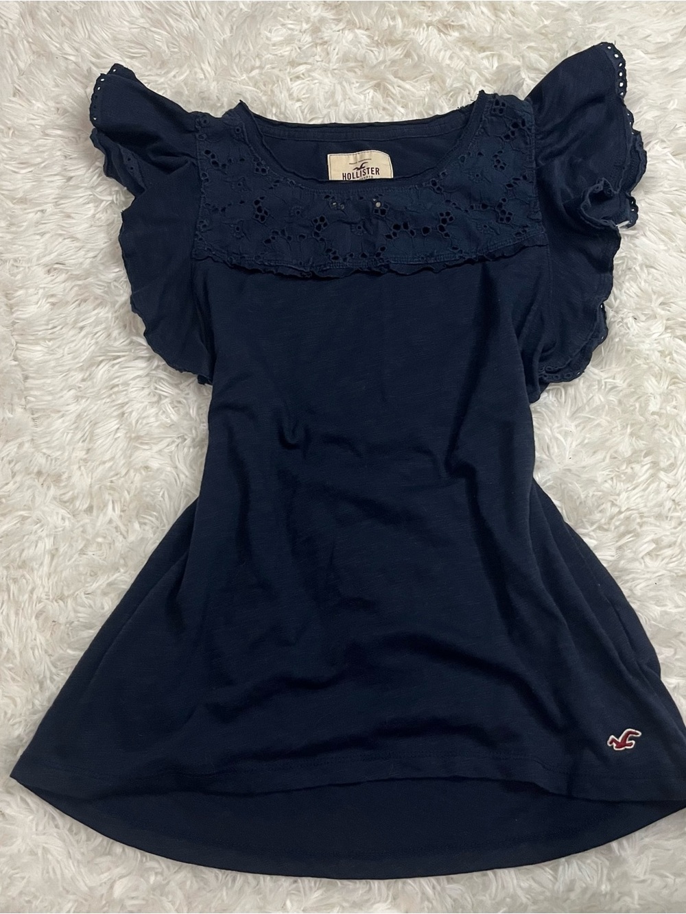 Hollister Navy Eyelet Flutter-Sleeve Scoop Neck Top babydoll
